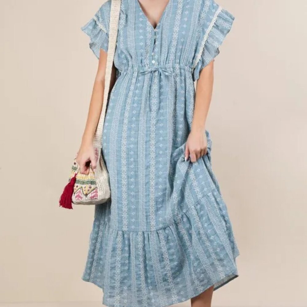 VERY J Embroidered Boho Ruffled Midi Dress
